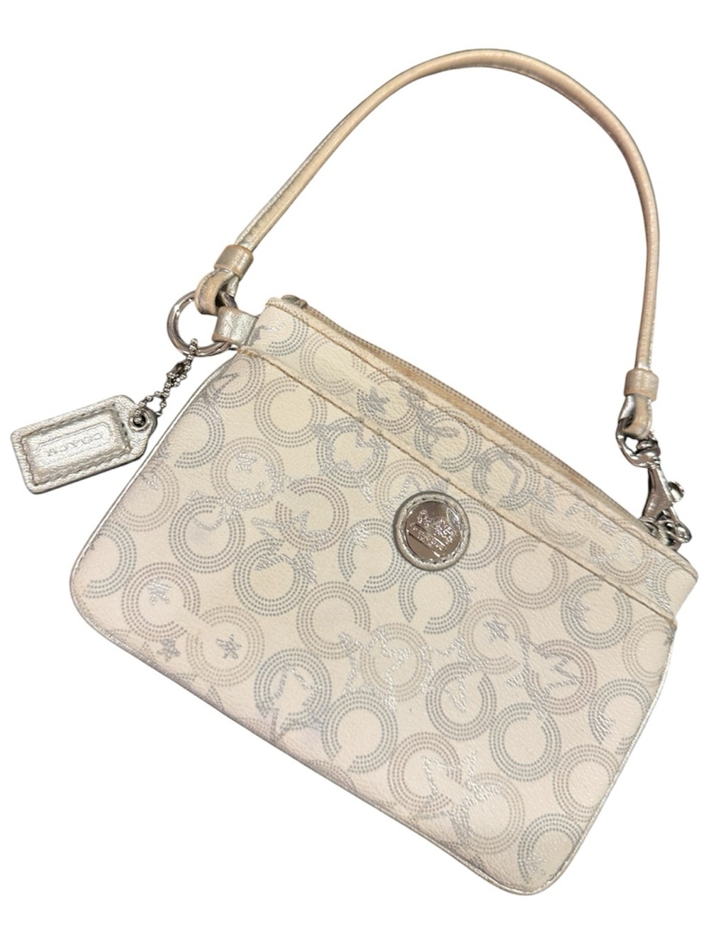 Coach Signature Small Wristlet in Light Beige Poppy silver wallet zip tag